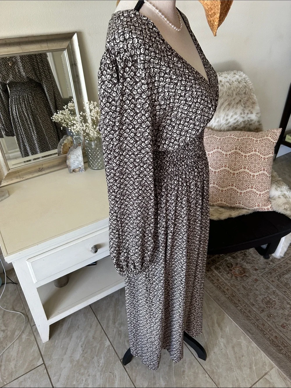 Gap V neck smocked waist brown floral cottage long balloon sleeve maxi dress L - Picture 8 of 13